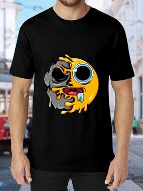 Black Short Sleeve Graphic Tee with Melted Emoji Print